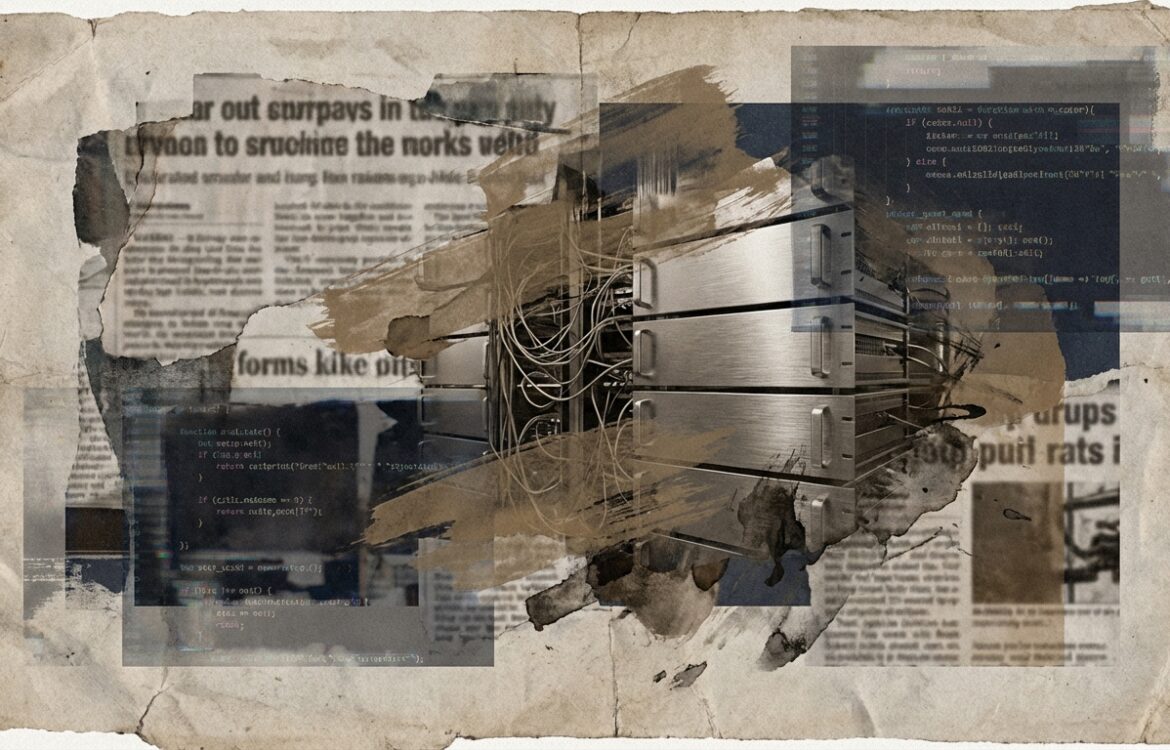 A textured editorial collage of newspaper clippings, blurred code, and server imagery layered with film grain and analog textures.