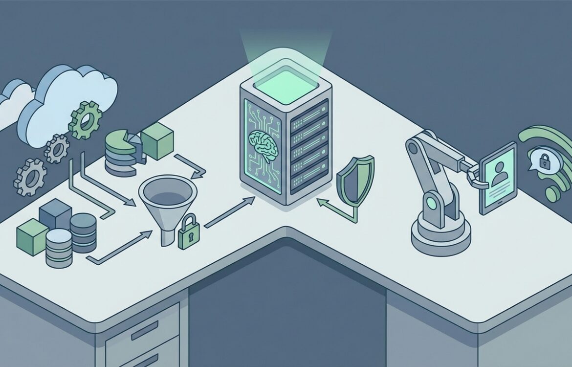 Isometric vector of a product lifecycle with distinct modules for data, models, and monitoring, minimal iconography, muted colors.
