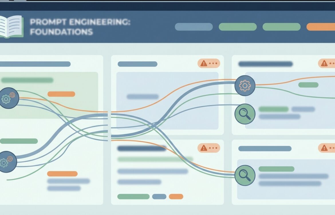 Flat vector concept of a monitoring dashboard with blurred screens, trace icons, and alert badges, neutral and technical.