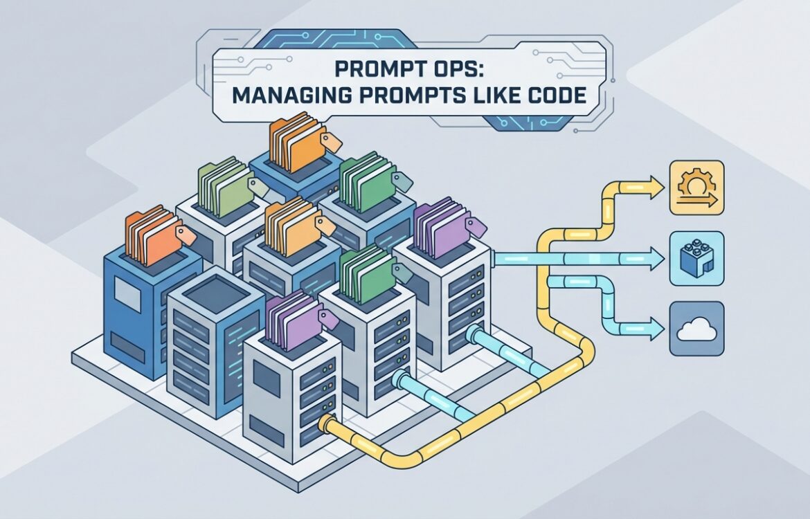 Isometric vector of a prompt registry and CI/CD pipelines showing versioned artifacts and automated workflows.