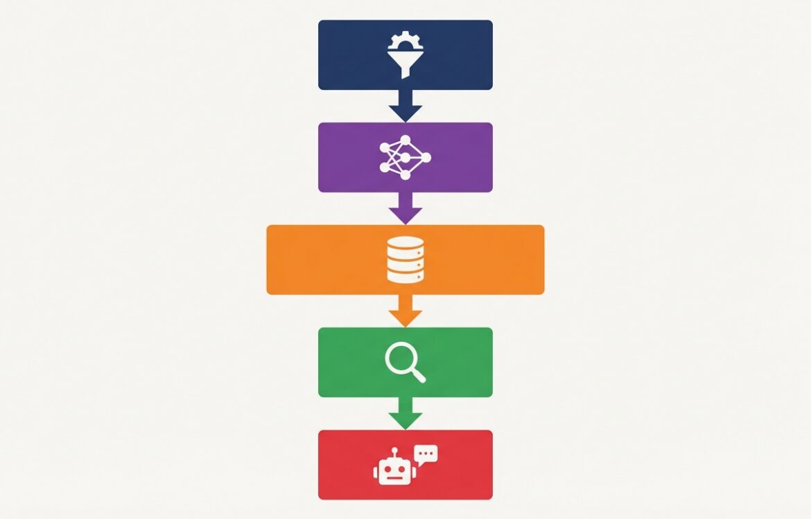 Flat vector top-down diagram showing modular microservices with distinct colored blocks and simple icons representing pipeline components.