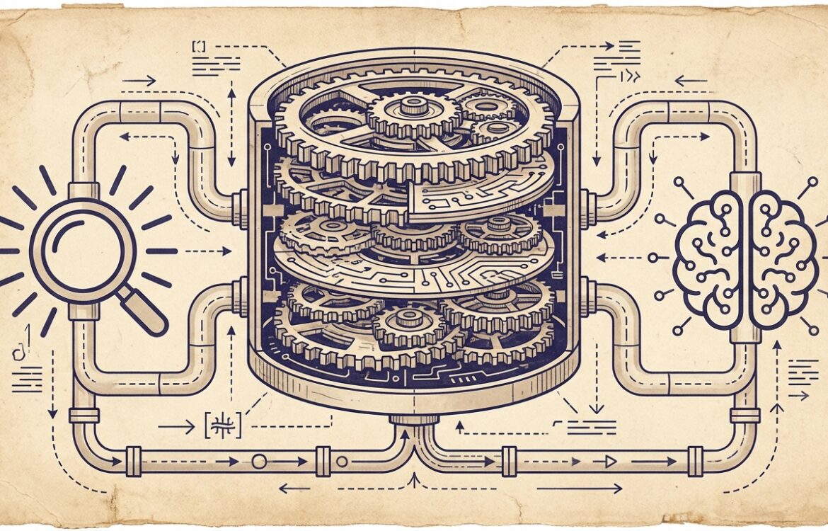 Blueprint-style technical drawing of layered components representing a vector index, shown as schematic forms and gear-like elements.