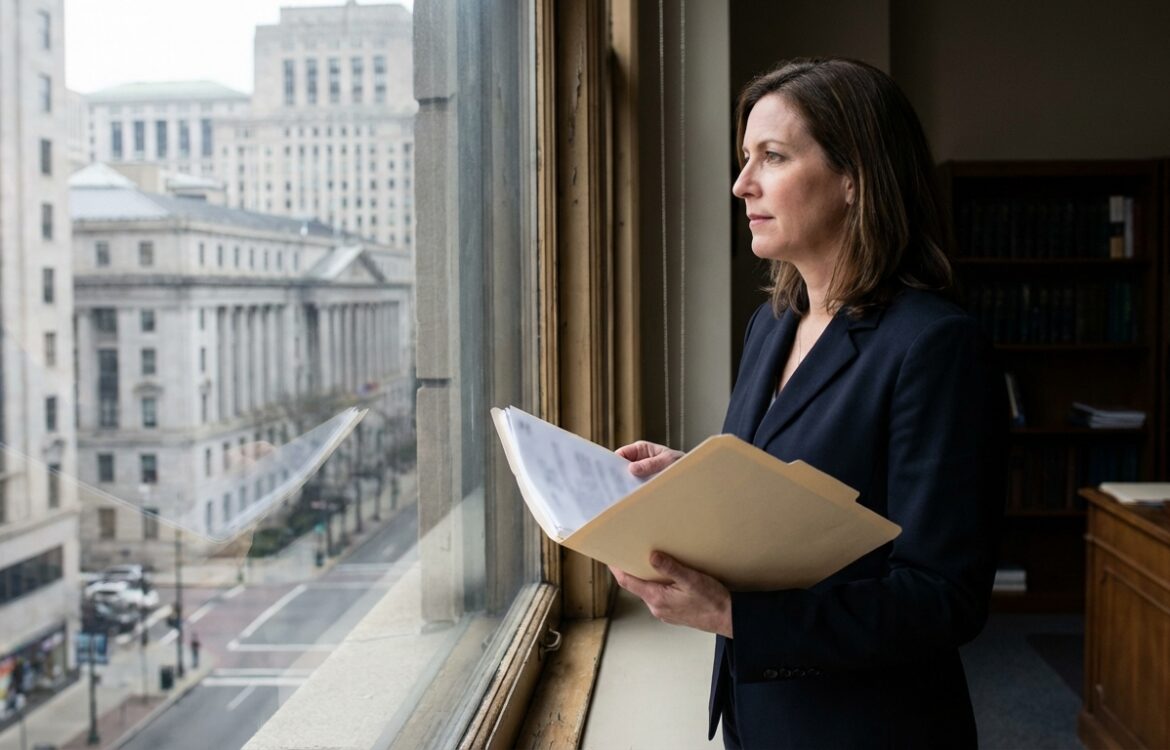 Medium-close documentary portrait of a professional with a folder standing by a window overlooking government buildings in soft daylight.