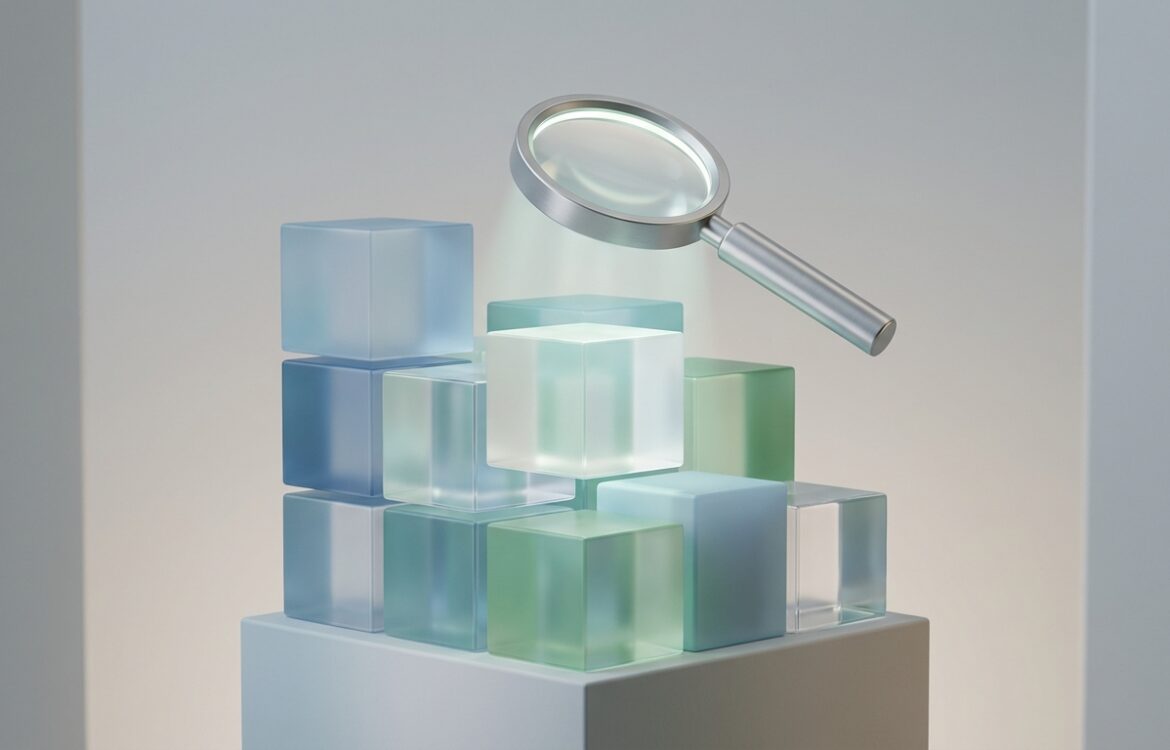 Clean minimalist 3D composition of glassy cube stacks and a hovering magnifier casting soft shadows on a neutral surface.
