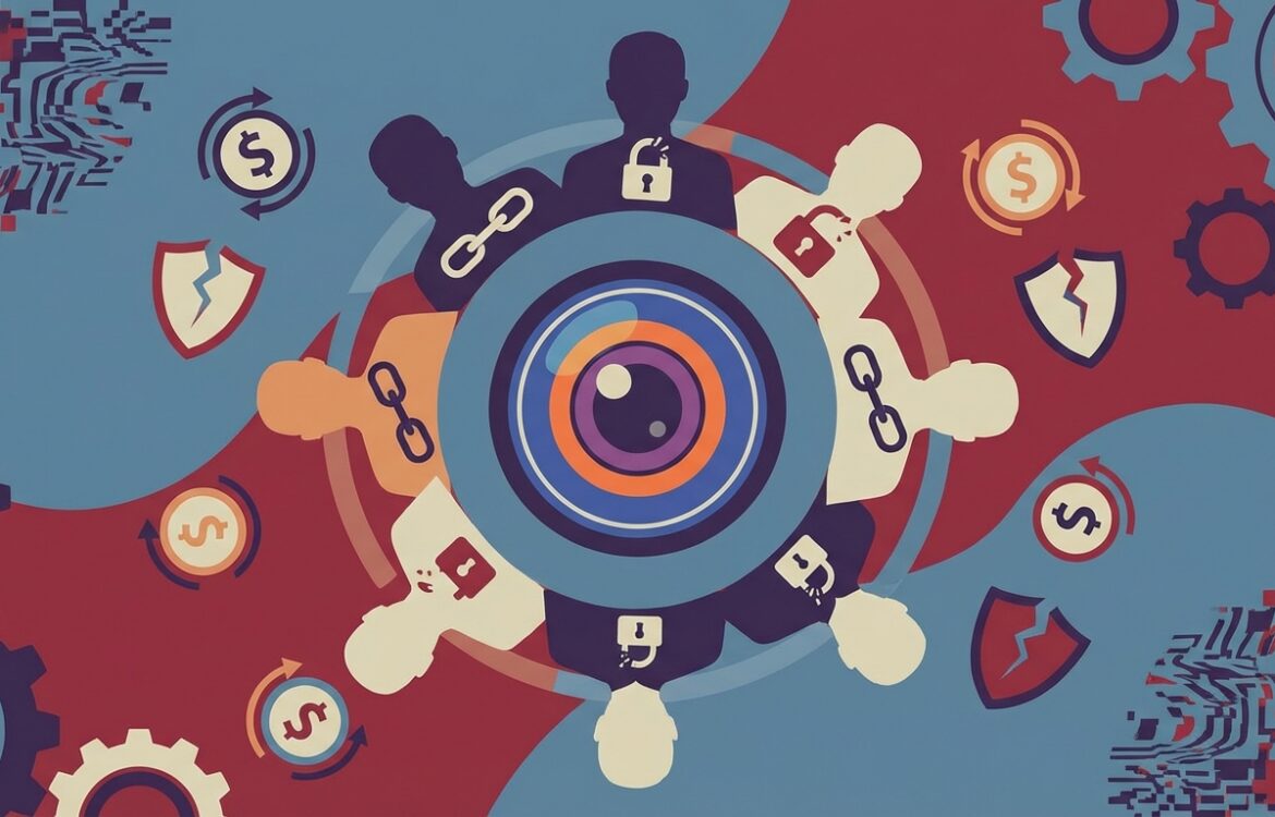 Flat vector composition depicting abstract silhouettes, a camera lens, locks, and currency symbols in a minimal color palette with no text.