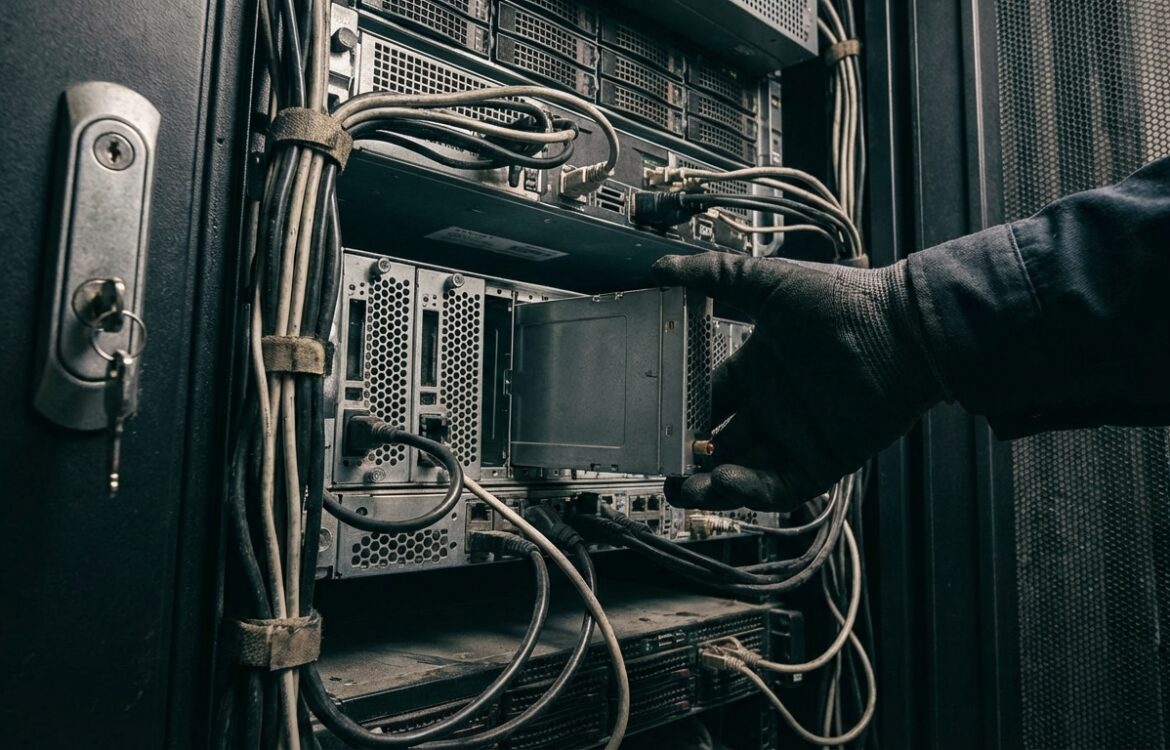 A close documentary photograph of a locked server rack and an engineer inserting a hardware security module, realistic lighting and details without readable labels.