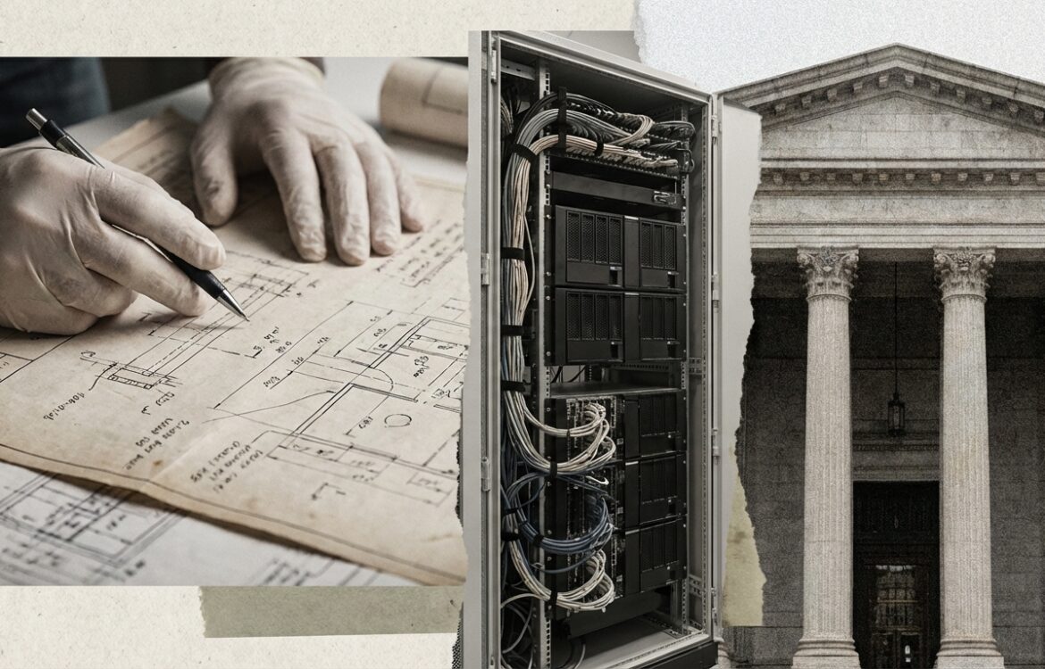 Editorial collage of hands annotating documents, a server rack and a courthouse façade in neutral tones.