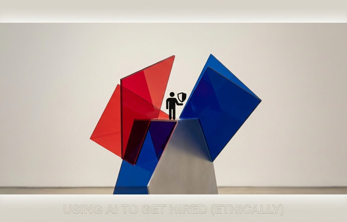 Abstract geometric composition of intersecting colored planes with a small human silhouette and shield symbol, modern and clean.